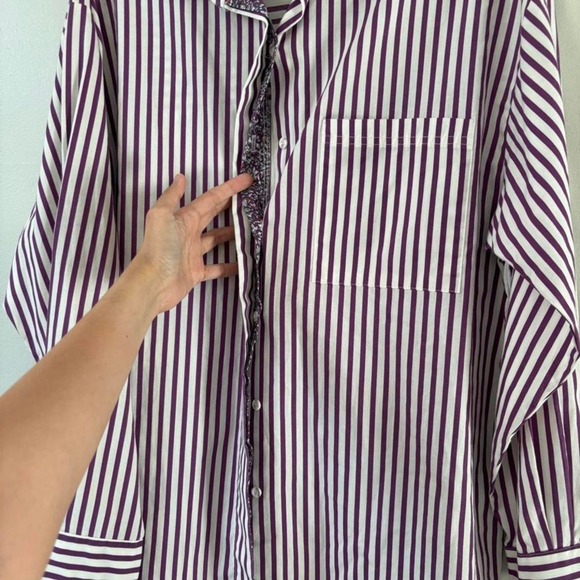 Tops - Vintage Preppy Striped Button Down Purple White Shirt Retro Floral Lining - XL